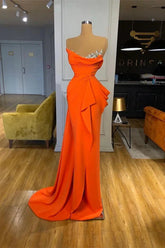 Elegant Orange Sleeveless Mermaid Evening Dress Long With Beads